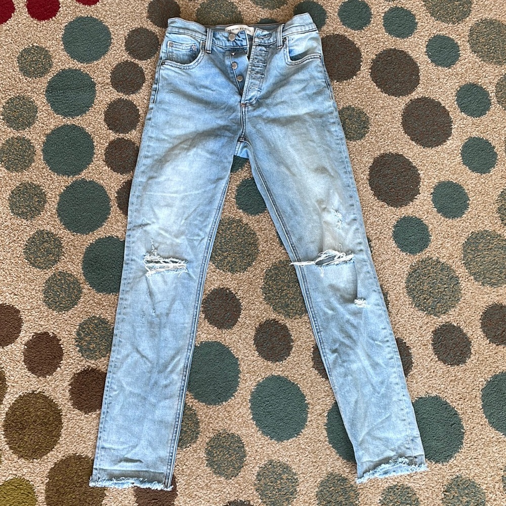 Denim Forum light blue straight leg ripped jeans, size 25.